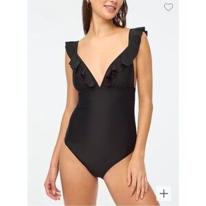J Crew black Ruffle-shoulder V-neck one-piece swimsuit size L new